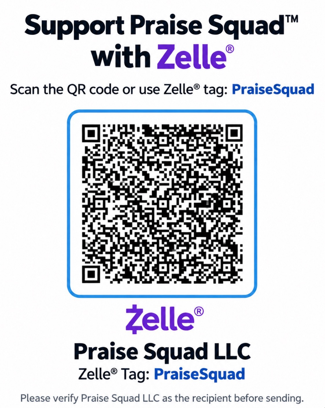 Praise Squad LLC Zelle QR code for voluntary program support